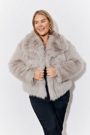 Grey Oversized Collared Faux Fur Coat