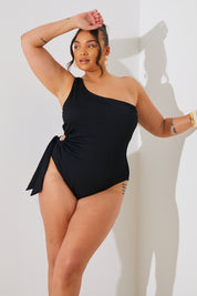 Textured Cut Out Side One Shoulder Swimsuit