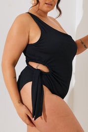Textured Cut Out Side One Shoulder Swimsuit