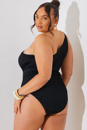 Textured Cut Out Side One Shoulder Swimsuit