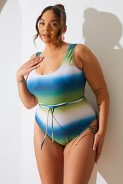 Ombre Scoop Neck Belt Detail Swimsuit