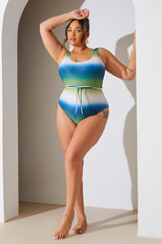 Ombre Scoop Neck Belt Detail Swimsuit