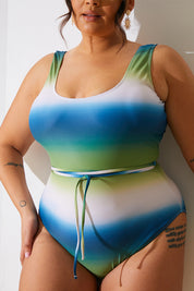 Ombre Scoop Neck Belt Detail Swimsuit