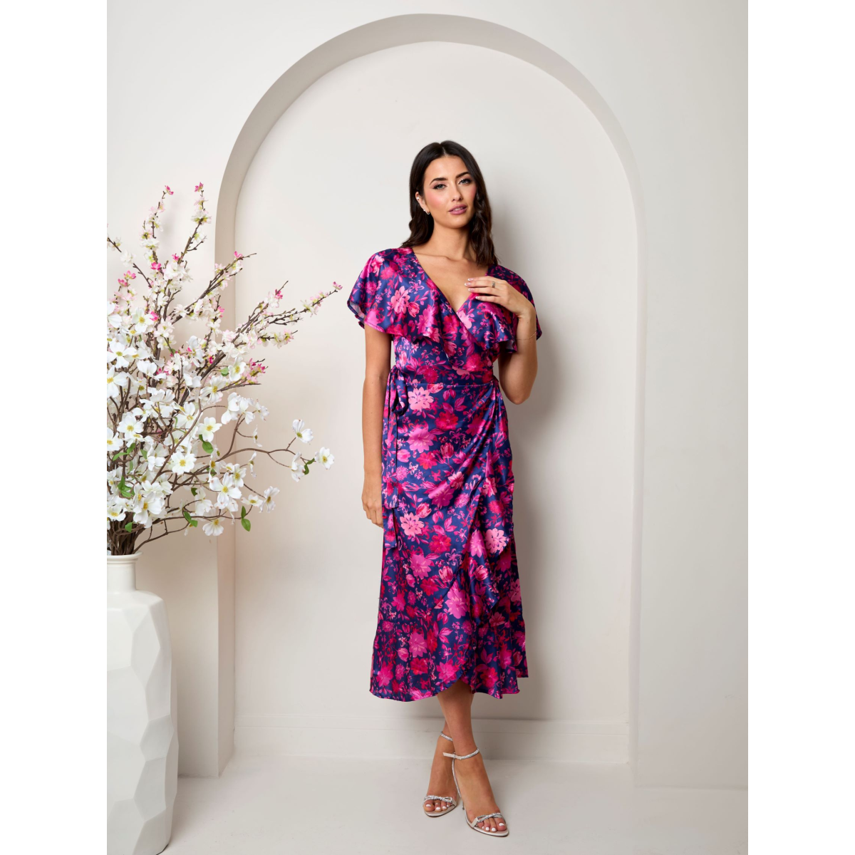 Chi Chi London V Neck Floral Wrap Midi Dress in Multi – InTheStyle