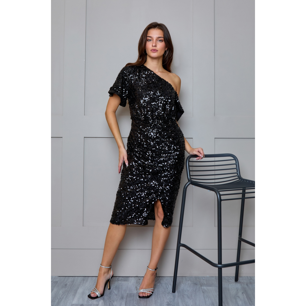 inthestyle sequin dress One Shoulder Ruched Sequin Midi Dress in Black – InTheStyle