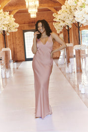 Rose Pink Satin Twist Back Maxi Dress