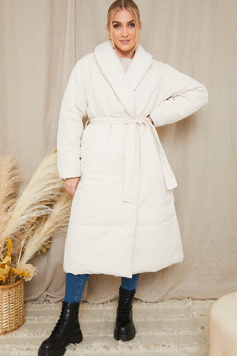 Recycled Belted Longline Lapel Collar Puffer