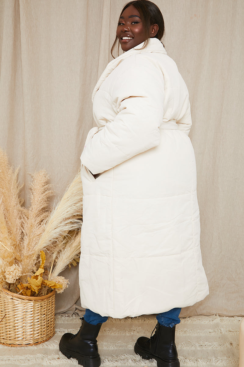 Recycled Belted Longline Lapel Collar Puffer