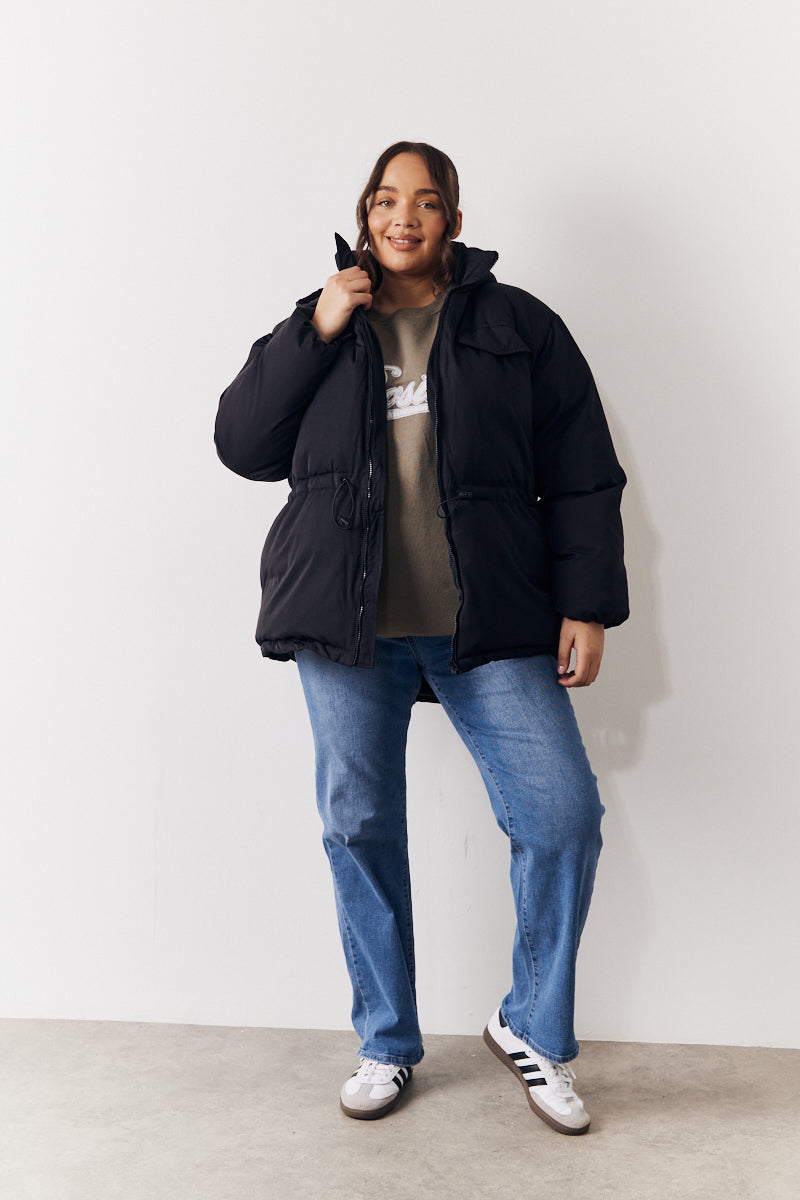 Hooded Drawstring Waist Puffer Coat