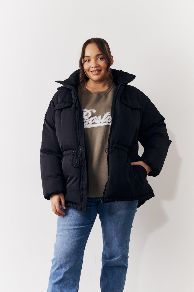 Drawstring Waist Zip-Up Fahsion Puffer Jacket