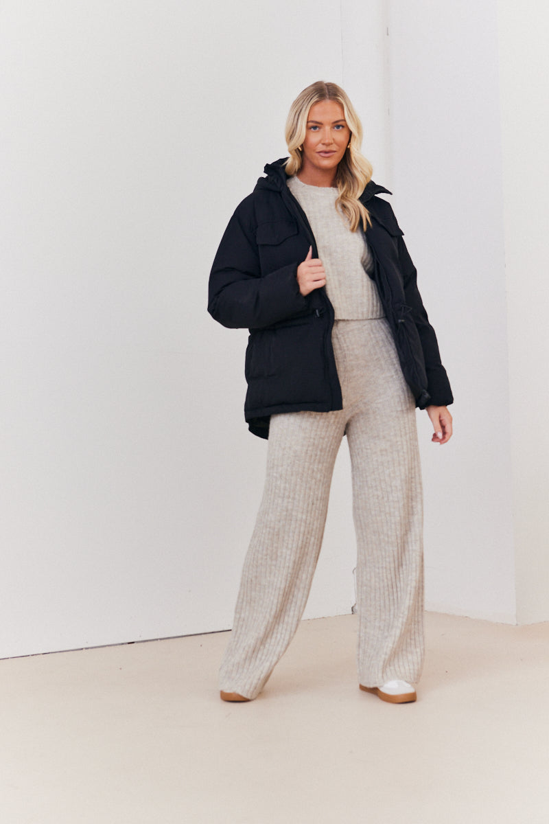 Hooded Drawstring Waist Puffer Coat