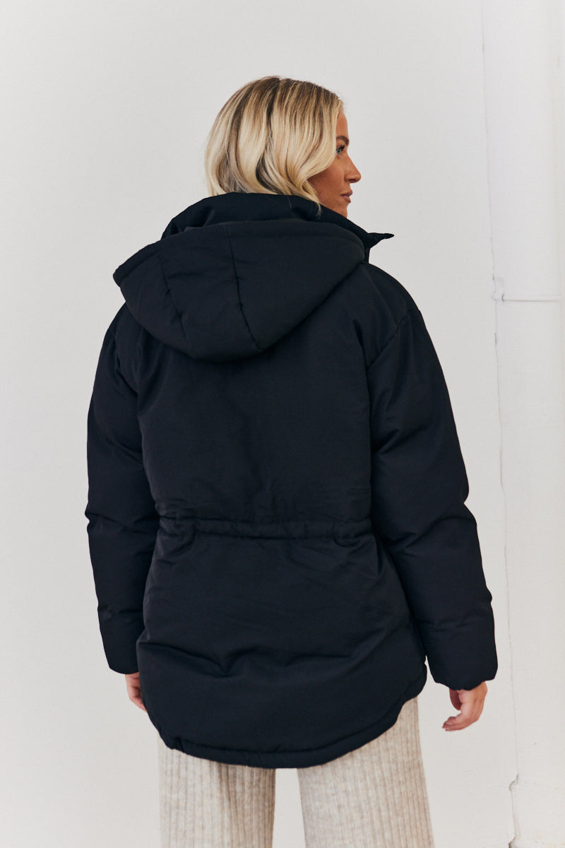 Hooded Drawstring Waist Puffer Coat