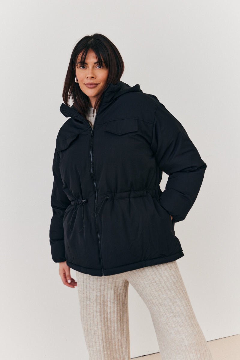 Hooded Drawstring Waist Puffer Coat