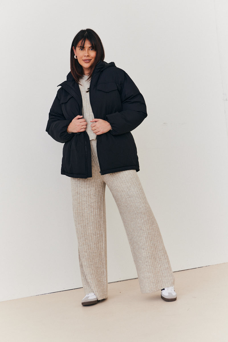 Hooded Drawstring Waist Puffer Coat