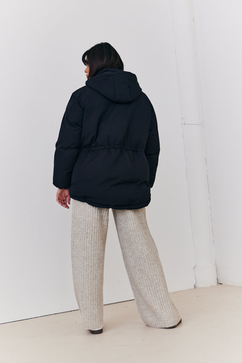 Hooded Drawstring Waist Puffer Coat