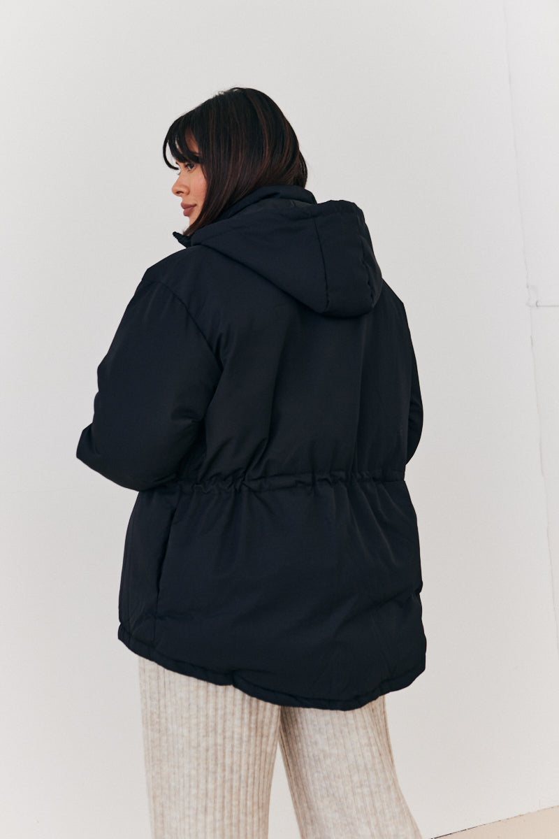 Hooded Drawstring Waist Puffer Coat