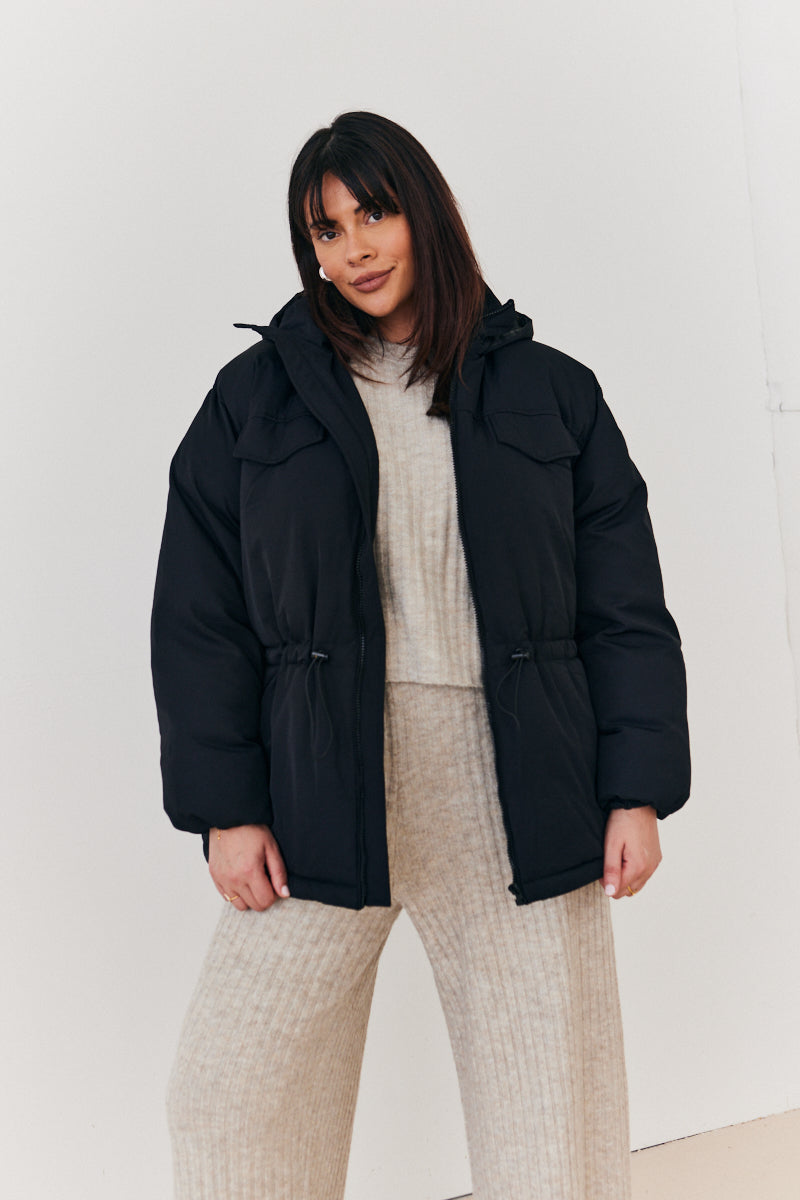 Hooded Drawstring Waist Puffer Coat