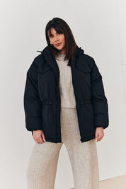 Hooded Drawstring Waist Puffer Coat