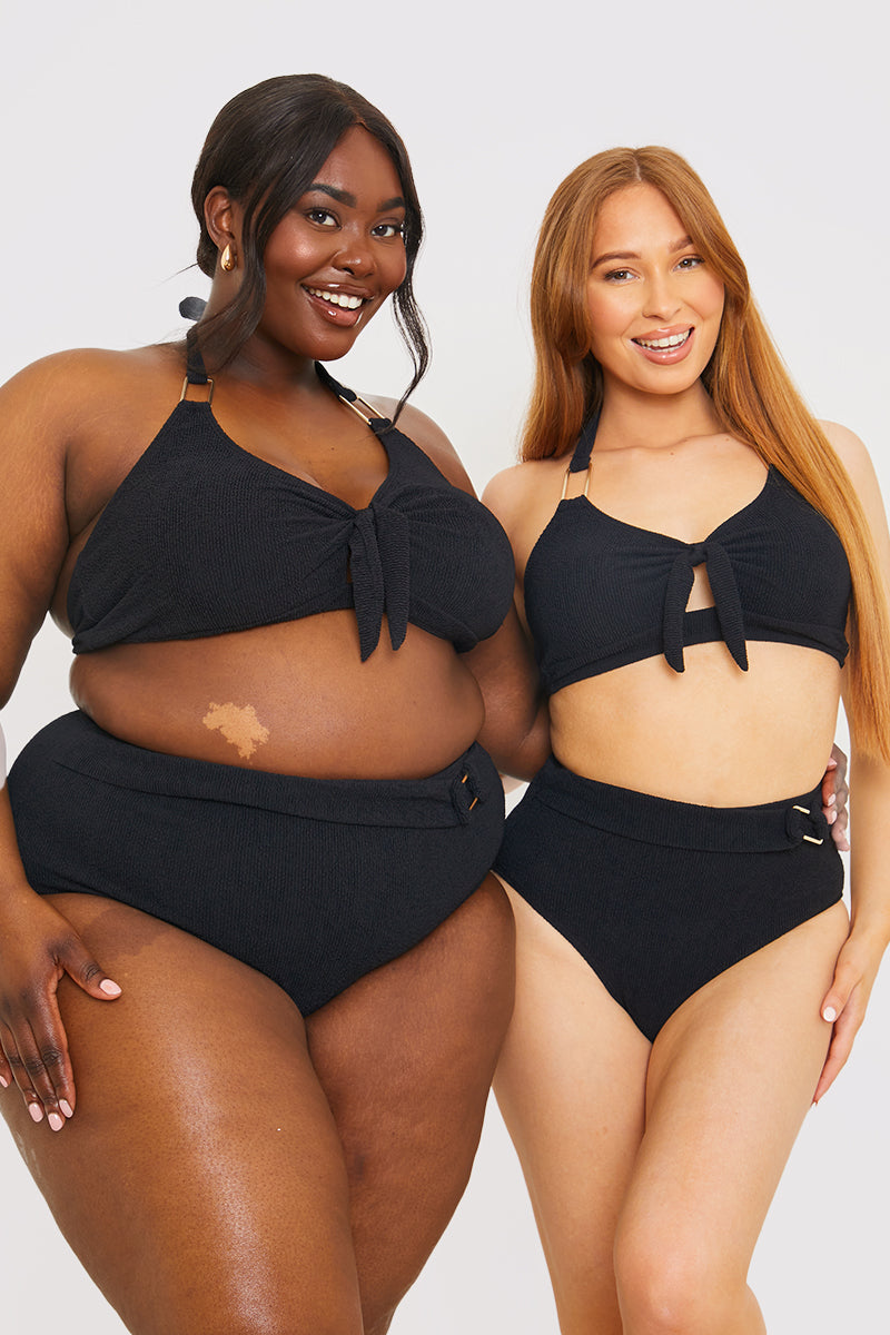 Control Textured Gold Bar Detail High Waisted Bikini Bottom