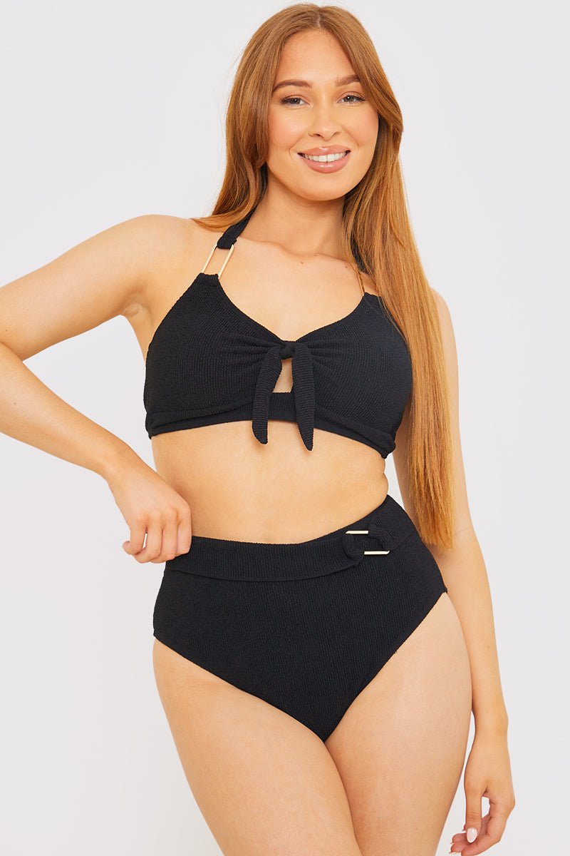 Control Textured Gold Bar Detail High Waisted Bikini Bottom
