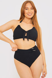 Control Textured Gold Bar Detail High Waisted Bikini Bottom