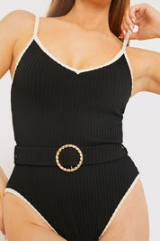 Contrast Binding Belted Swimsuit