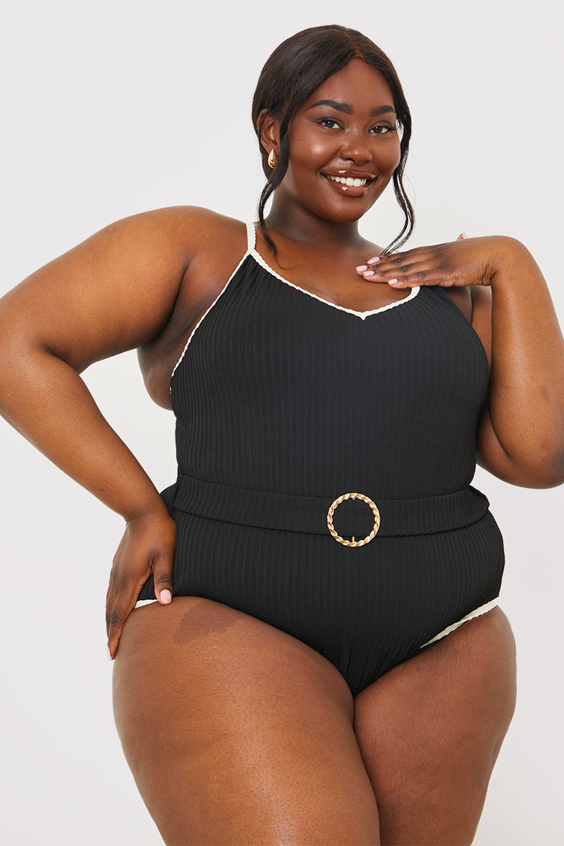 Contrast Binding Belted Swimsuit