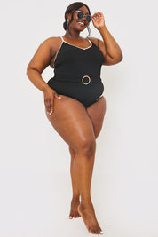 Contrast Binding Belted Swimsuit
