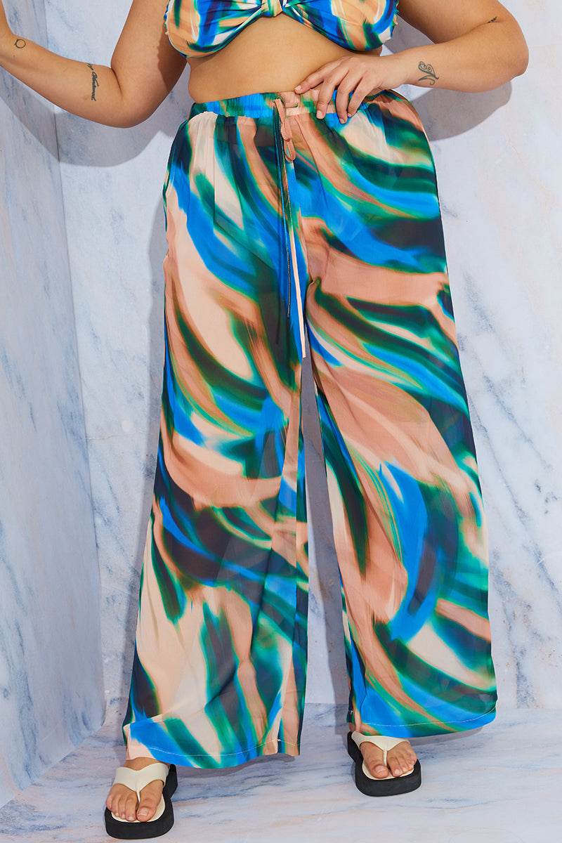Abstract Print Wide Leg Elastic Waist Trousers - InTheStyle
