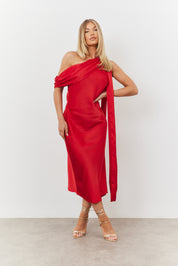 Satin Asymmetric Draped Neckline Midi Dress