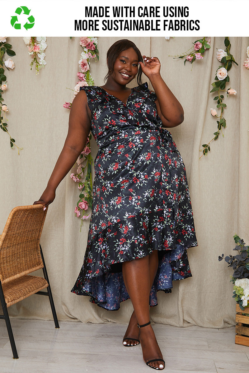 Floral Recycled Frill Dipped Hem Wrap Dress