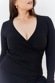 Wrap Front Rib Long Sleeve Top