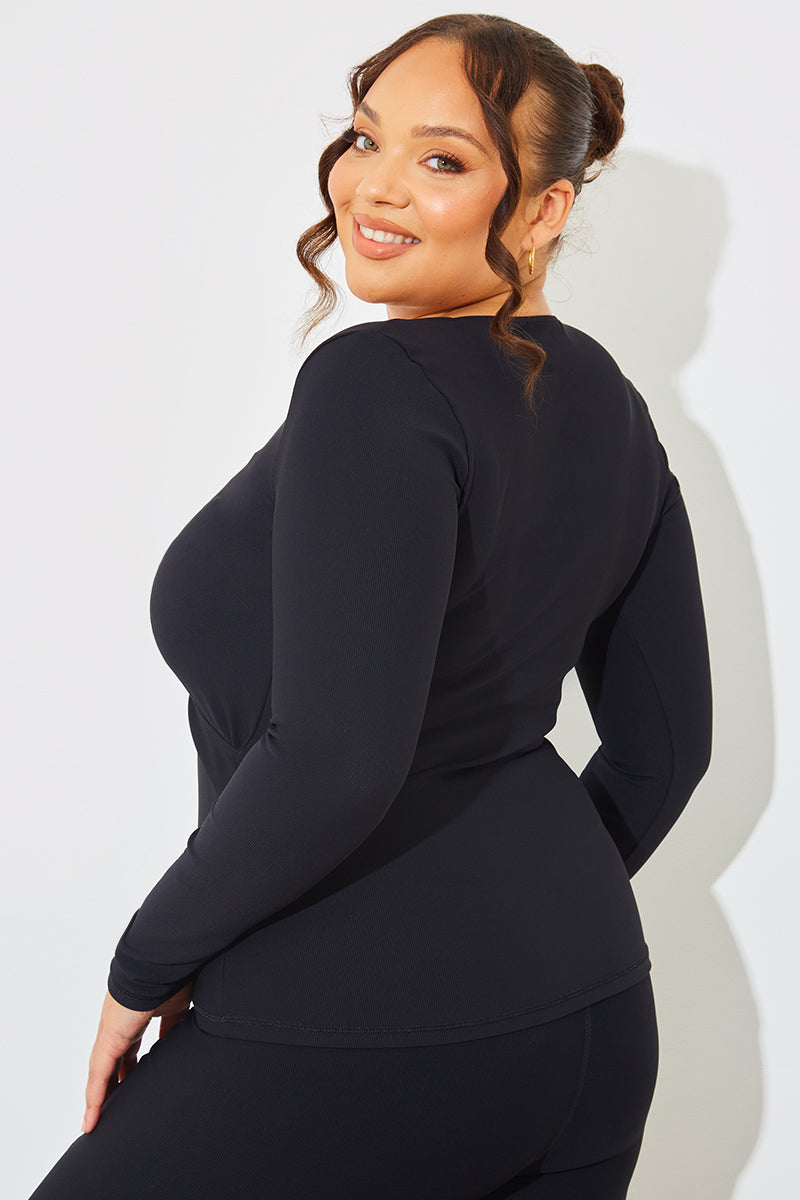 Wrap Front Rib Long Sleeve Top