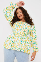 Lemon Print Bardot Puff Sleeve Top
