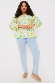 Lemon Print Bardot Puff Sleeve Top