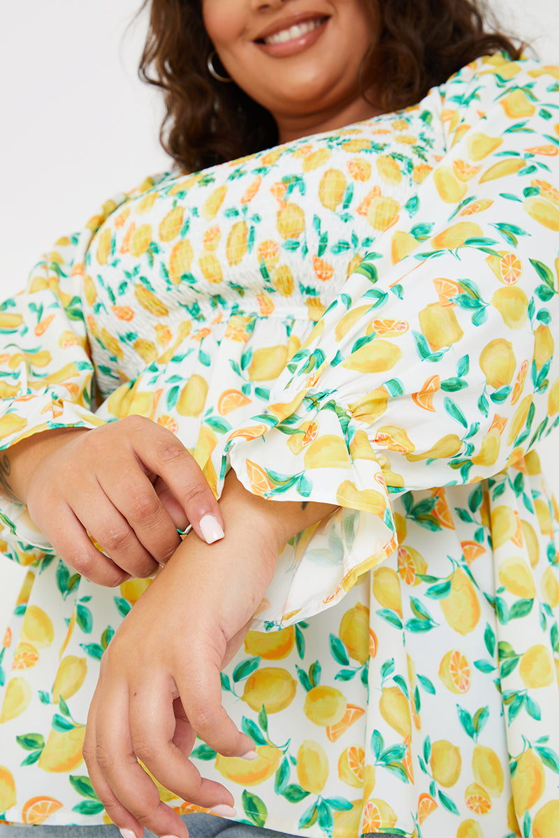 Lemon Print Bardot Puff Sleeve Top