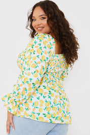 Lemon Print Bardot Puff Sleeve Top
