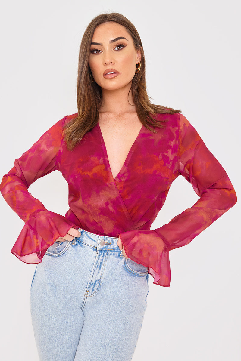 Wrap Front Flared Cuff Bodysuit