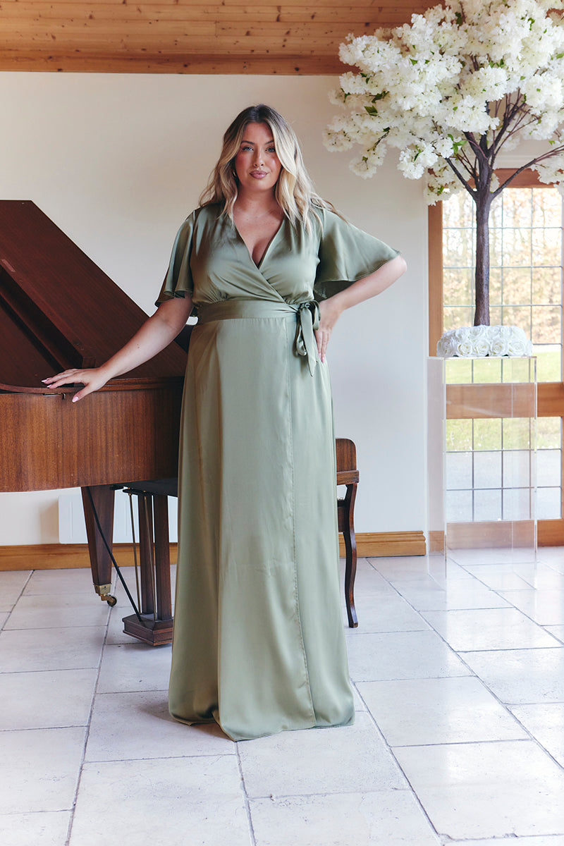 Olive Satin Wrap Tie Angel Sleeve Maxi Dress InTheStyle Olive Satin Wrap Tie Angel Sleeve Maxi Dress InTheStyle