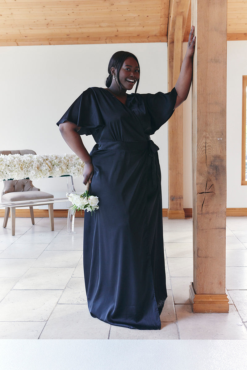 Black Satin Wrap Tie Angel Sleeve Maxi Dress – InTheStyle