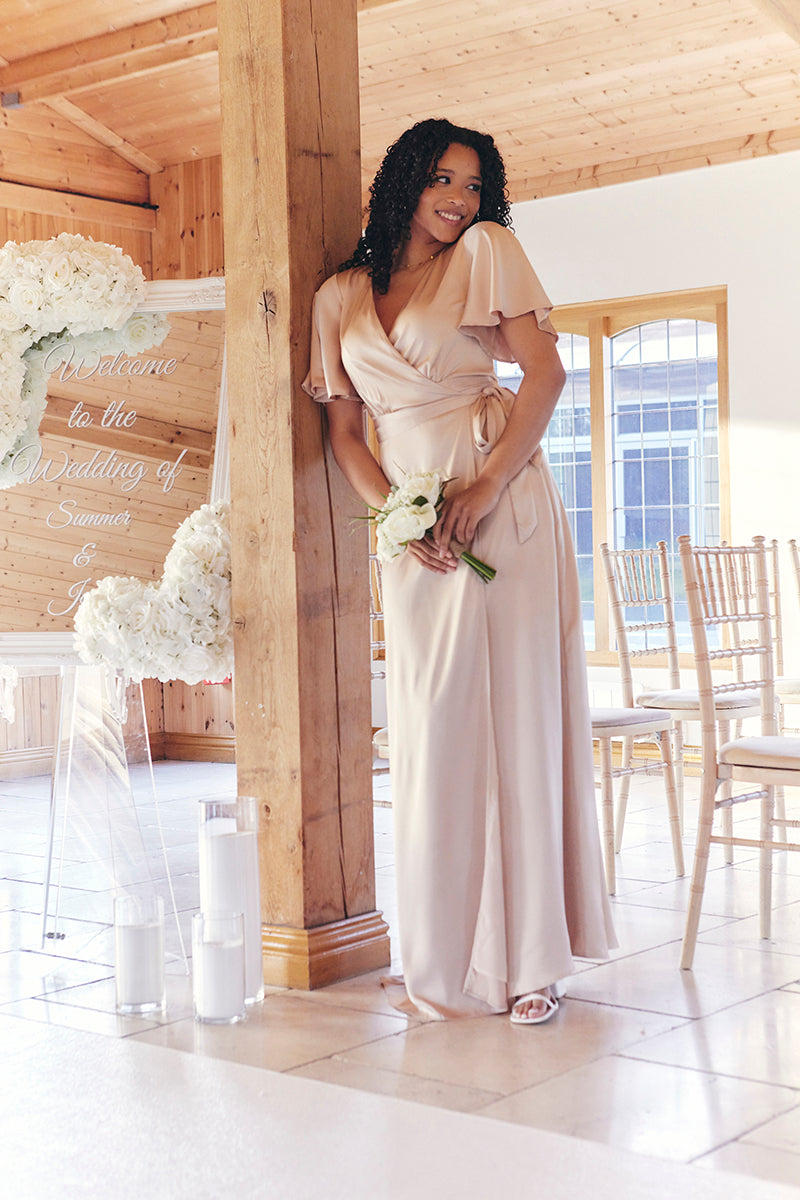 Light Gold Satin Wrap Tie Angel Sleeve Maxi Dress – InTheStyle