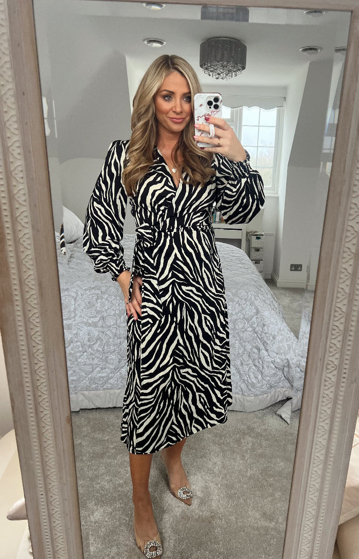 Zebra Woven Printed Wrap Midi Dress