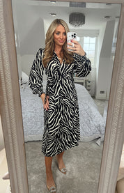 Zebra Woven Printed Wrap Midi Dress