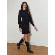 Chi Chi London Balloon Sleeve Cable Knit Mini Jumper Dress in Black