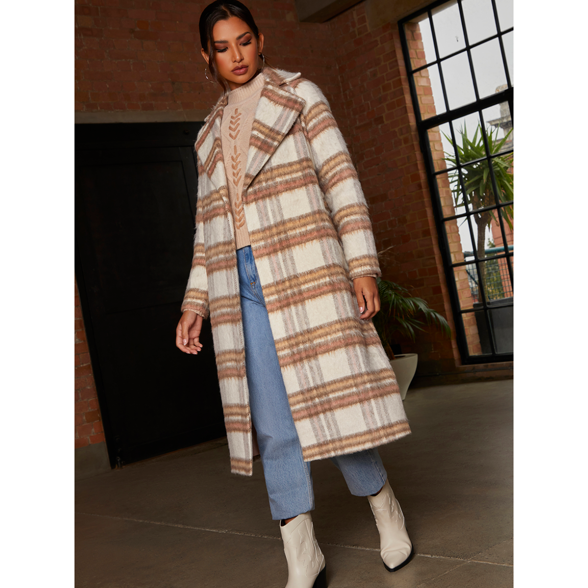 Chi Chi London Check Wrap Tie Waist Coat in Cream