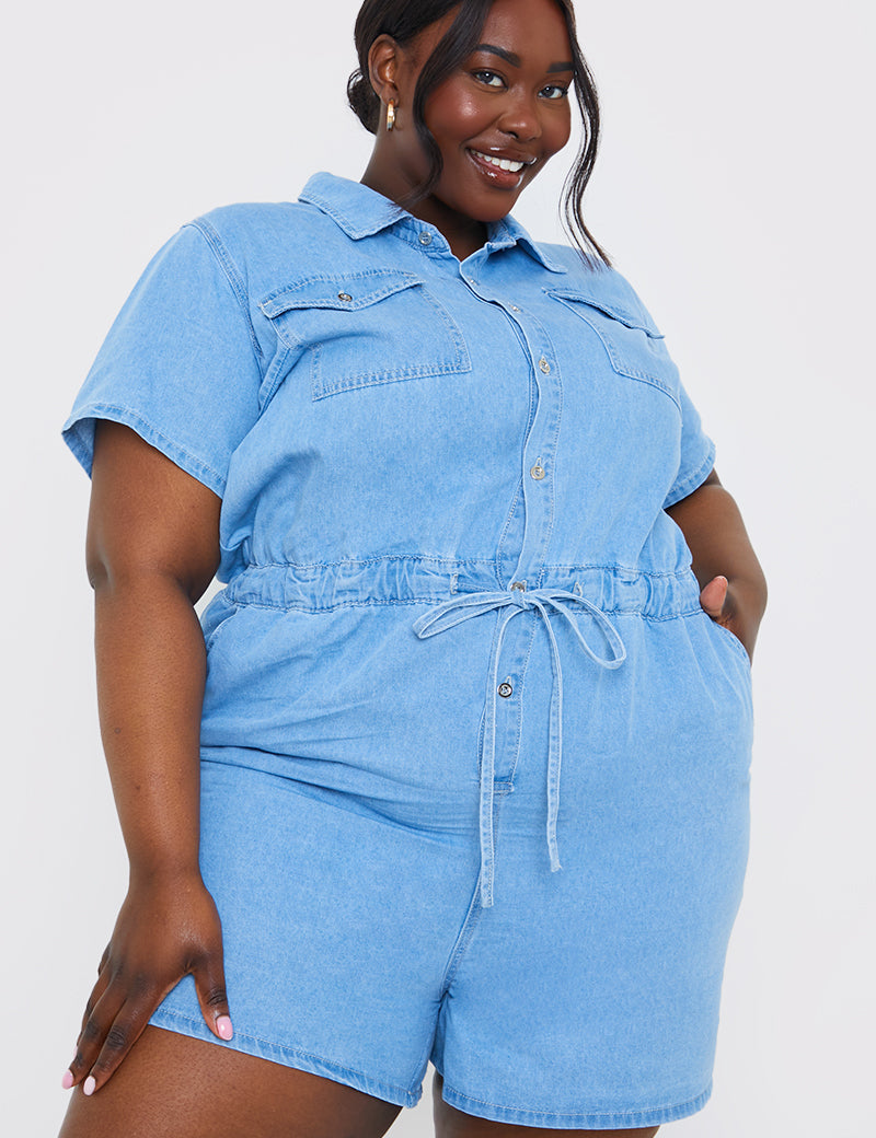 Chambray Button Through Drawstring Playsuit