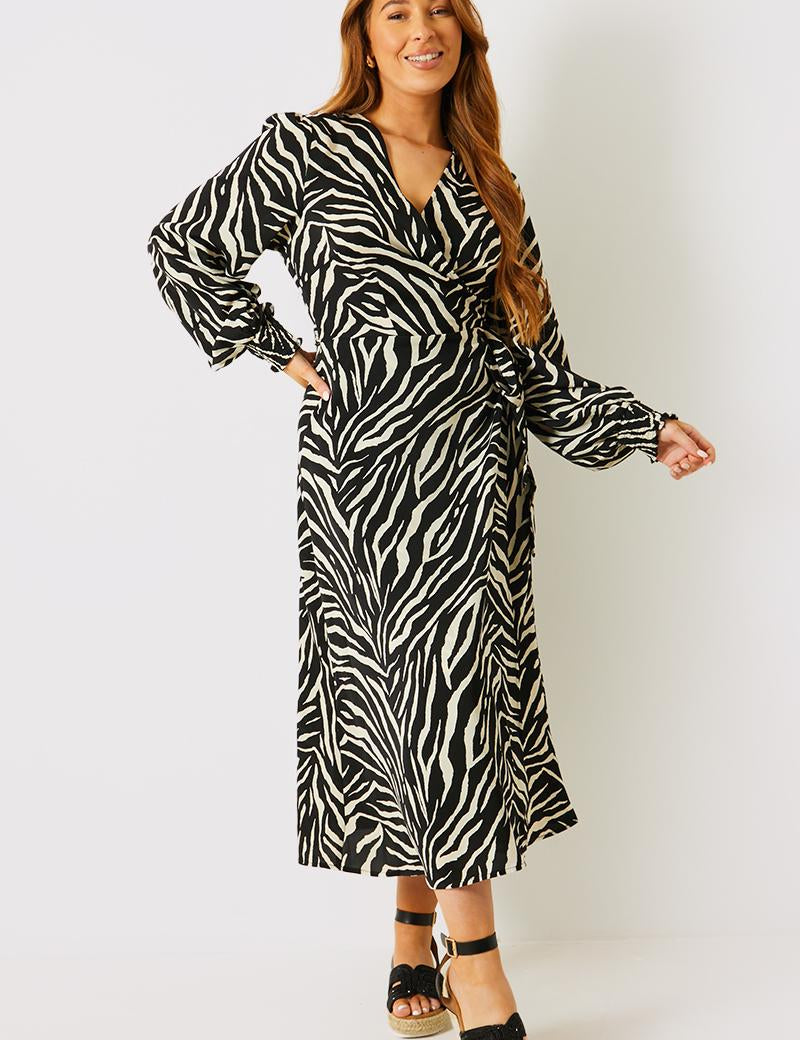 Zebra Woven Printed Wrap Midi Dress
