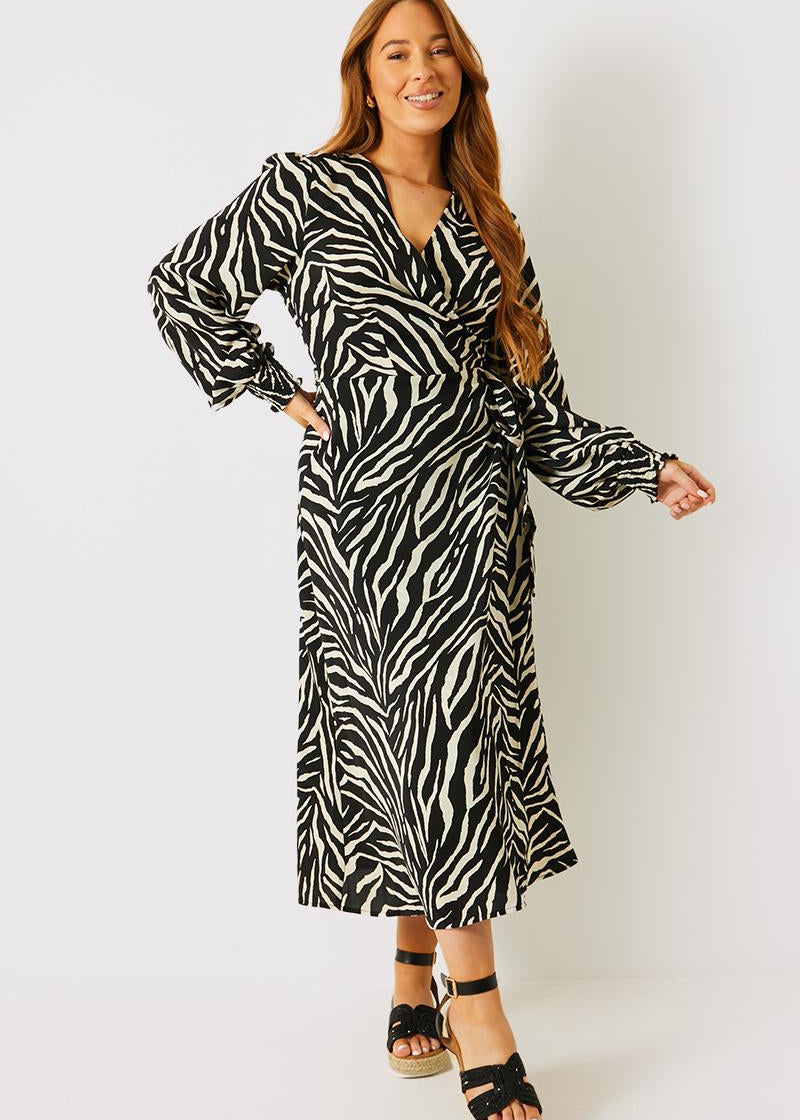 Zebra Woven Printed Wrap Midi Dress