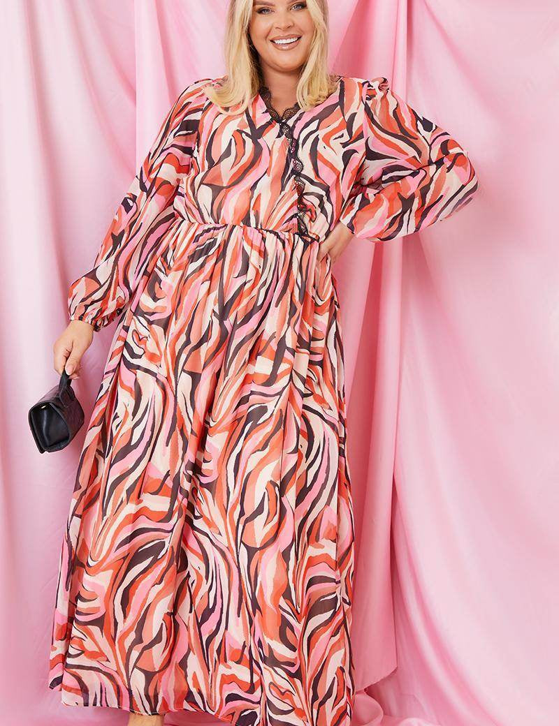 Abstract Print V Wrap Lace Trim Maxi Dress