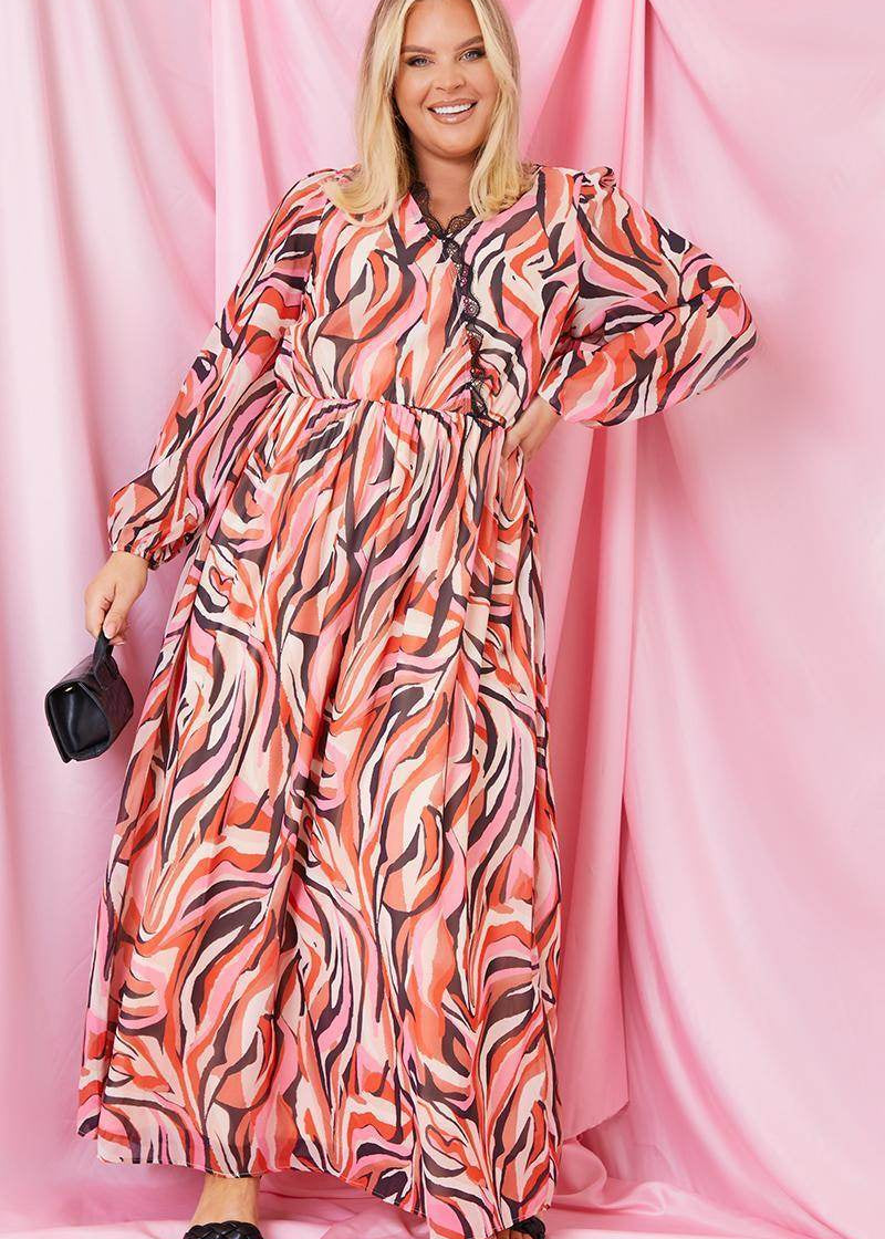 Abstract Print V Wrap Lace Trim Maxi Dress - InTheStyle